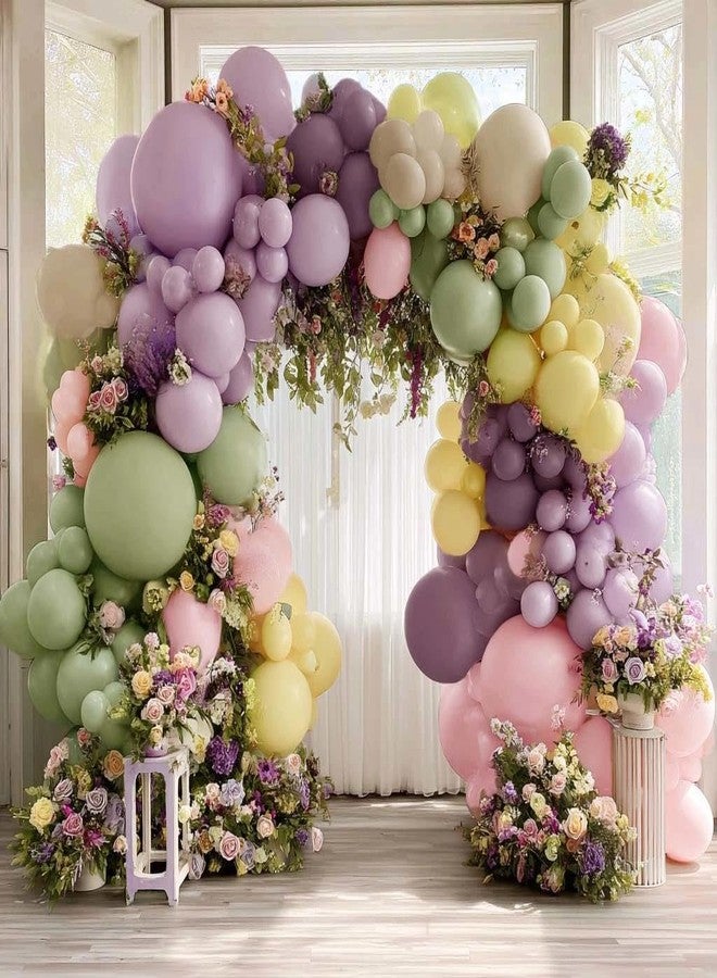 Partycus Purple Green Pink Balloon Arch Double Stuffed Dusty Green Lavender Light Yellow Sand Latex Pastel Lilac Balloon Garland Kit for Baby Shower Wedding Birthday Valentine Floral in Bloom Party Decoration - Image 1
